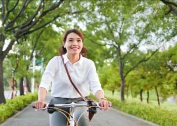 Office worker cycling, healthy city, commute, wellbeing, health